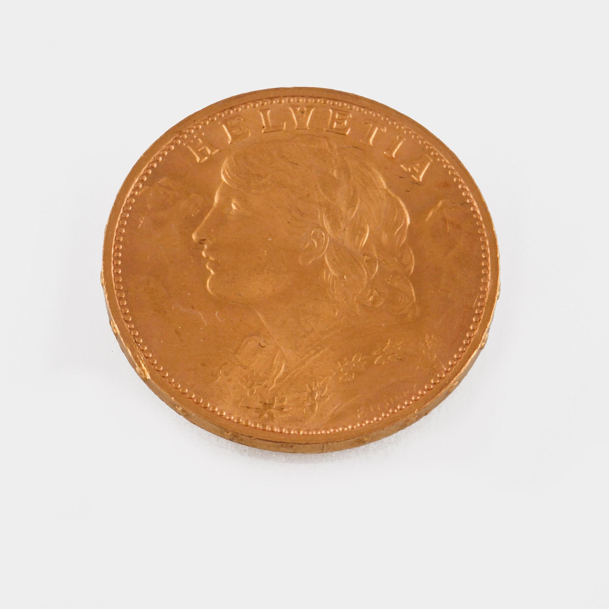 GULDMYNT, 900, Helvetia, 20 fr, 1927, vikt 6g.