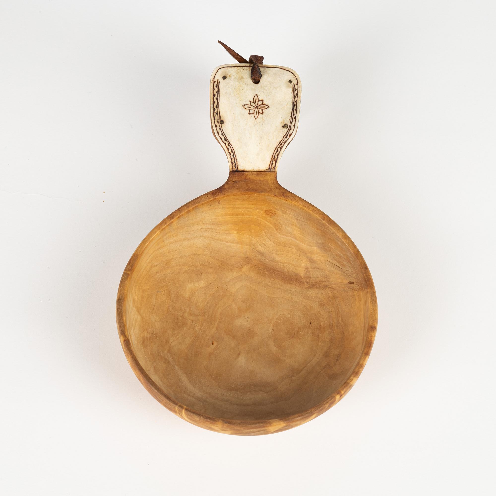 A birch and reindeer horn drinking cup, unidentified signature.