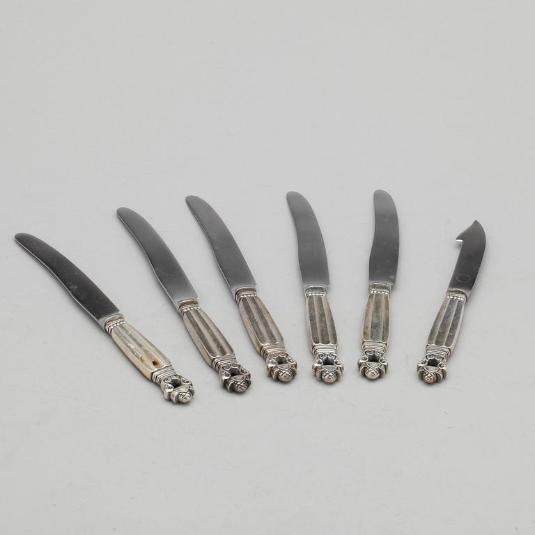 KNIVAR, 6 st, silver, Konge/Acorn, Johan Rohde för Georg Jensen. Total vikt ca 245 gram.