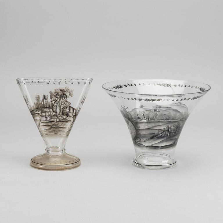 JOSEF LENHARDT, a set of two handpainted glass vases.