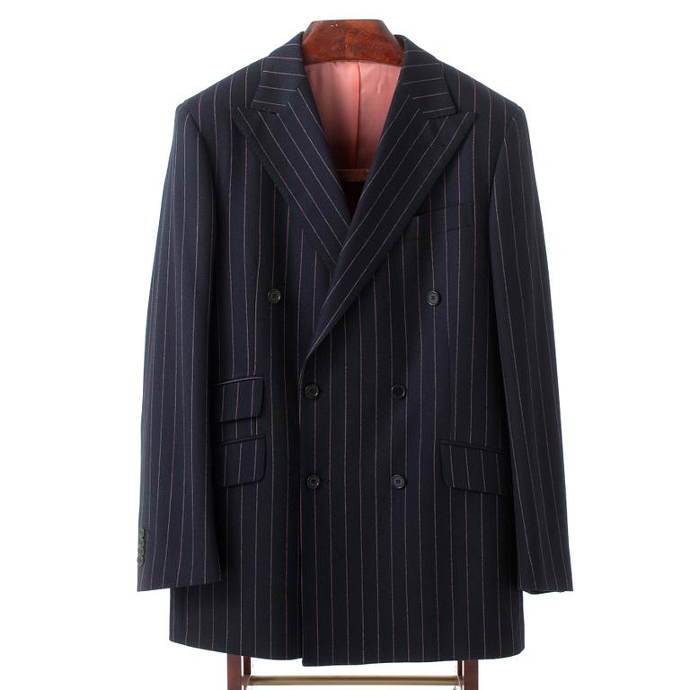 ROSE & BORN, a men's blue and pink pinstriped wool suit consisting of jacket and pants.