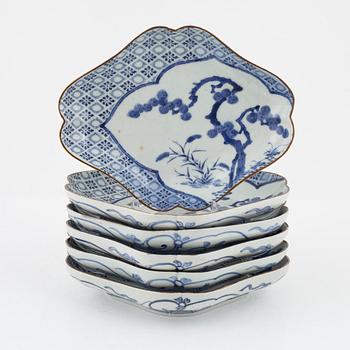 A set of six Japanese blue and white 'Ko-Imari' porcelain dishes, presumably Edo period, (1603-1868).