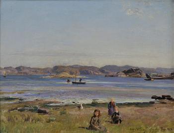 667. Alfred Wahlberg, Lysekil, sunny landscape with girls on the beach.