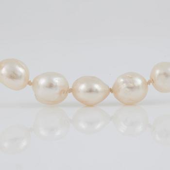 A baroque, probably cultured, pearl necklace.