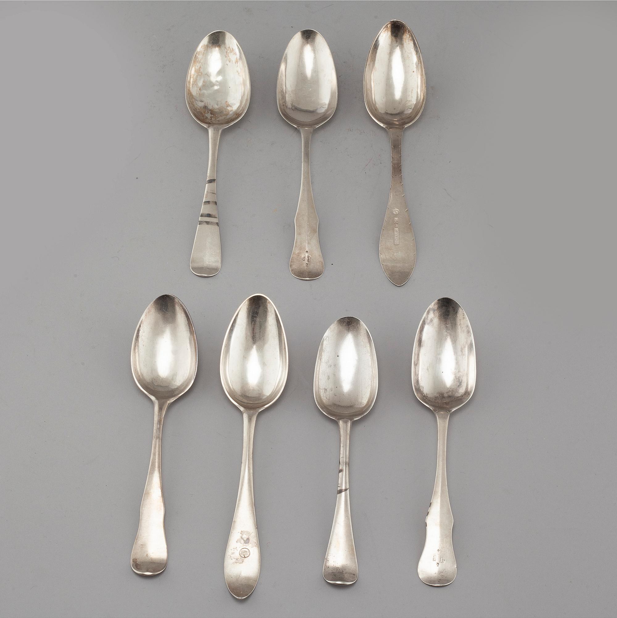 Seven spoons, silver, one by Johan Malmstedt (Gothenburg), mostly Swedish, 18th-19th century.