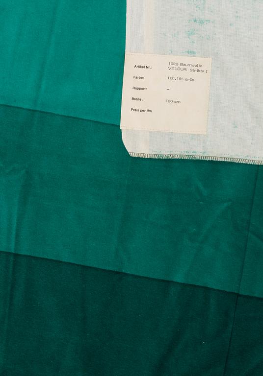 Verner Panton, CURTAINS, 3 PIECES, AND SAMPLERS, 10 PIECES.  Cotton velor. A variety of green nuances and patterns. Verner Panton.