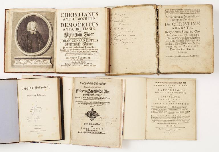 BOKPARTI OM TEOLOGI OCH RELIGION, 14 vol, bla "Confessio fidei thet är then christeliga troos bekännelse...", Strängnäs 1657.