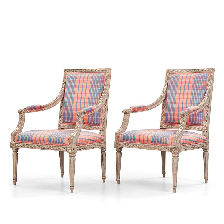 A pair of Gustavian armchairs, by Jakob Malmsten (master in Stockholm 1780-88).