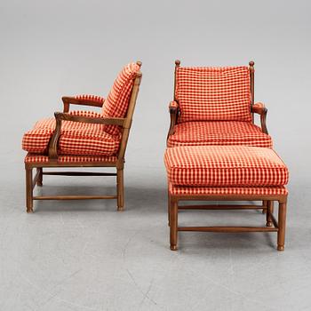 A pair of Gustavian style armchairs with one stool, second half of the 20th Century.