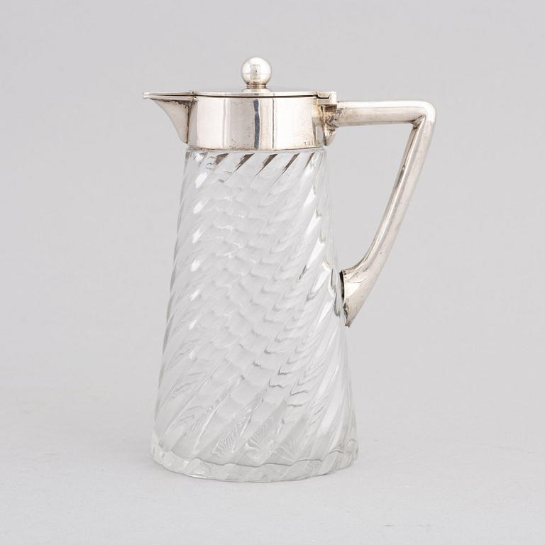 A German glass and silver carafe, mark of Wilhelm Binder, Bremen, Schwäbisch Gmünd, circa 1900.