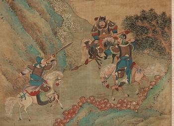 Four hanging scrolls with scenes from the history of the Three Kingdoms, late Qing dynasty (1644-1912).