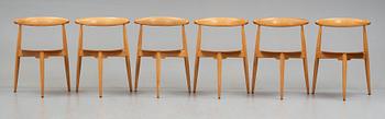 Hans J. Wegner, "Hjerte-set", matbord med sex stolar, Fritz Hansen, Danmark 1950-60-tal.