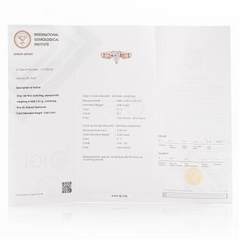Ring 14K rose gold with a pear-shaped diamond and brilliant-cut diamonds, accompanied by an IGI report.