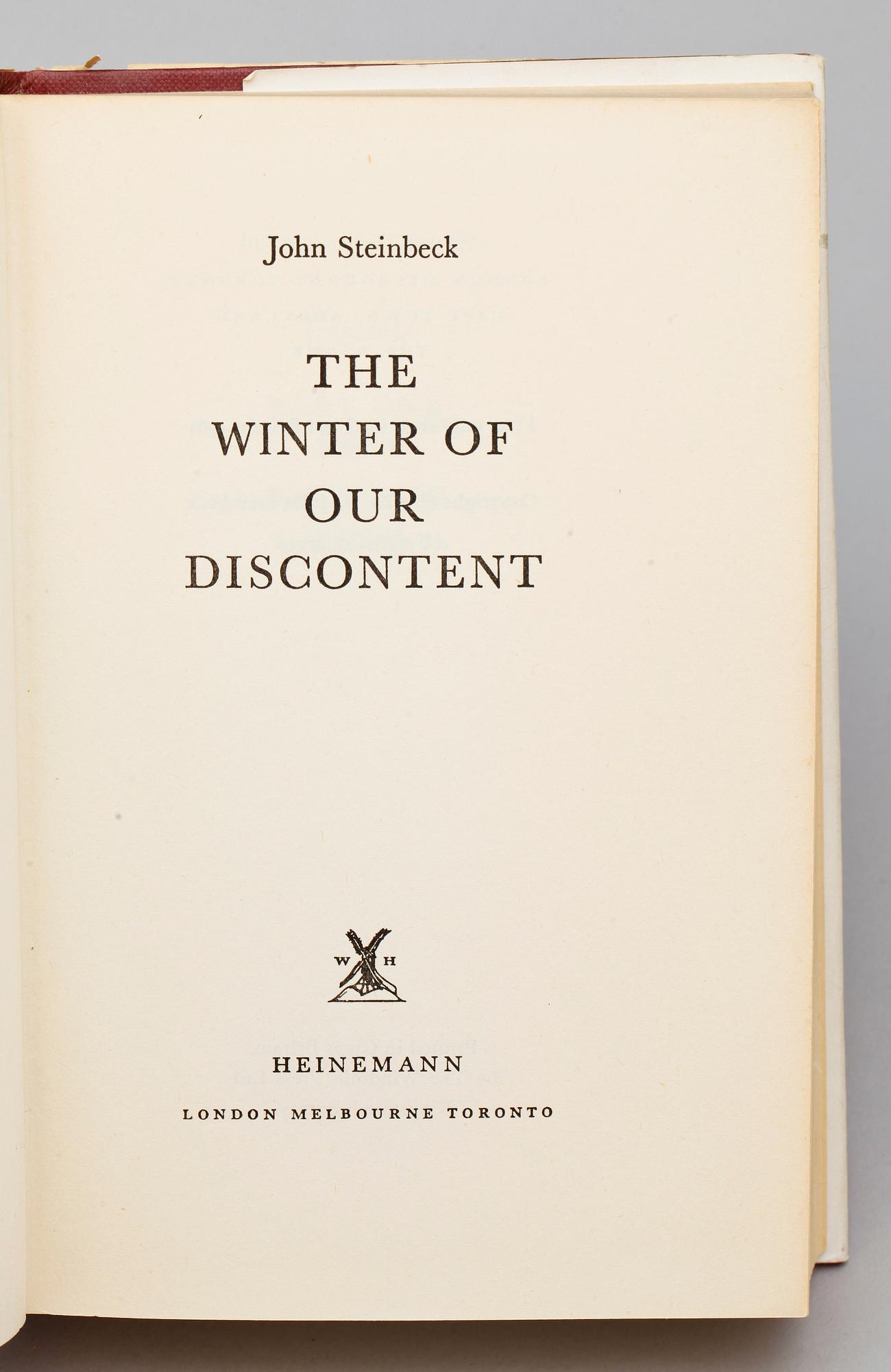 BOK, "The winter of our discontent" av John Steinbeck, första engelska upplagan, Heinemann 1961.