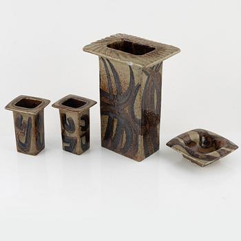 Bertil Lundgren, a group of three vases and a bowl / wall relief, Rörstrand.