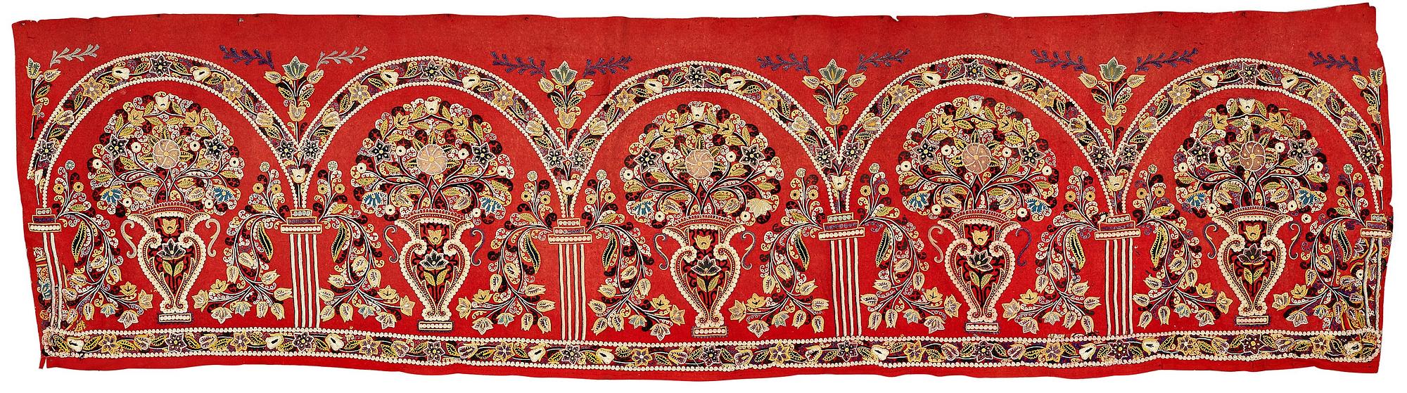AN EMBROIDERY, antique Rascht, Persia (Iran), late Qajar dynasty, ca  55 - 57,5 x 209,5 - 215 cm.