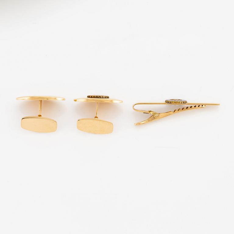 Ceson, manschettknappar och slipsnål, 18K guld och emalj.