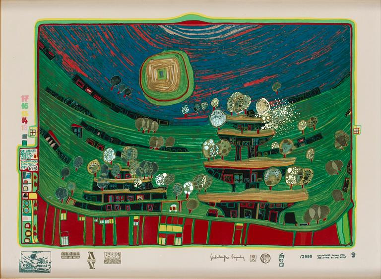 Friedensreich Hundertwasser, "Die Häuser hängen unter den Wiesen".