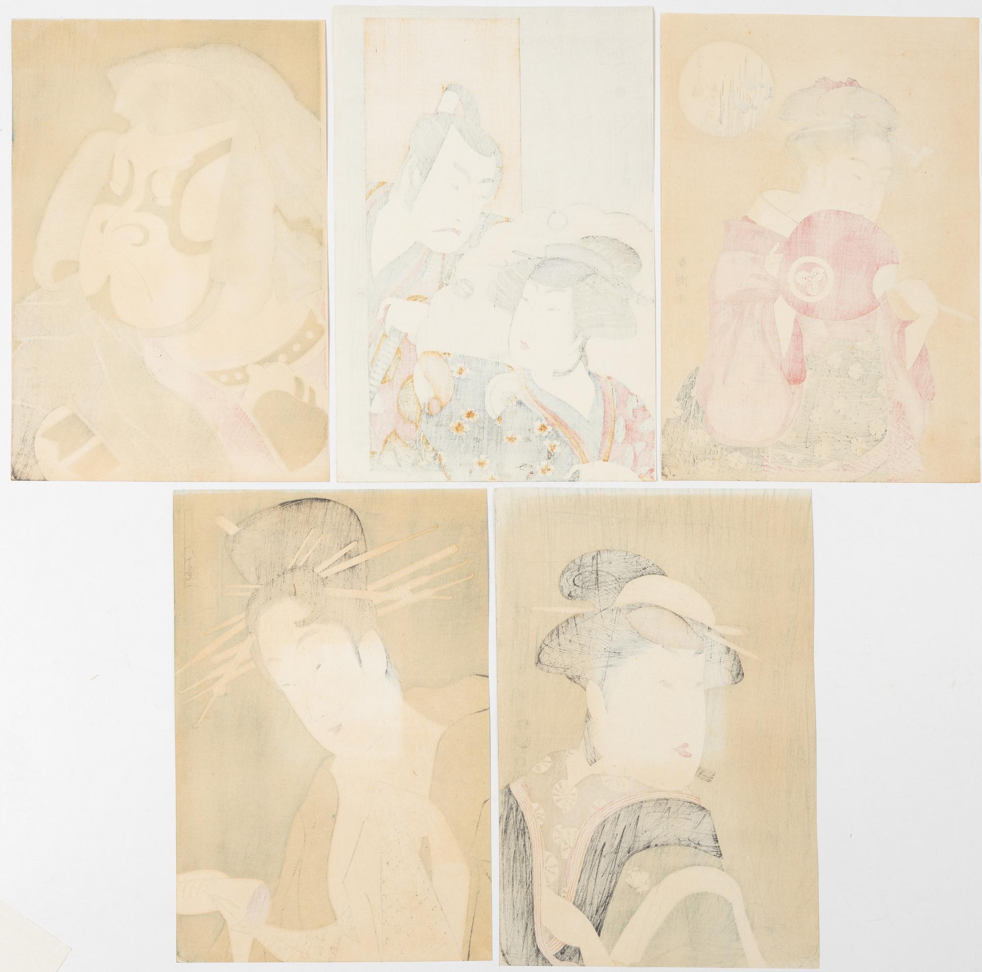 Five woodblock prints from a publication by "Tokyo Bijutsu Kankokai" (Tokyo Art Publishing Association" early 1900s.