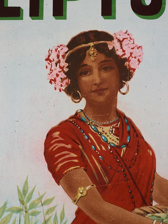 Skylt, emalj, "Lipton's te àr det Finaste i Werlden", Chromo Wolverhampton, England, tidigt 1900-tal.