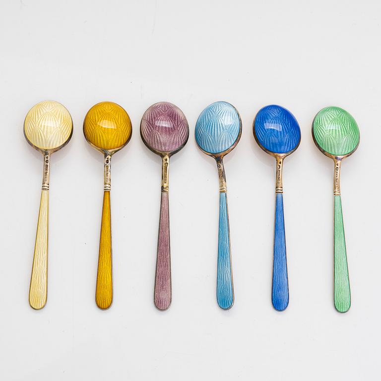 Tillander, six enamelled silver-gilt coffee spoons in fitted box, Helsinki 1957.