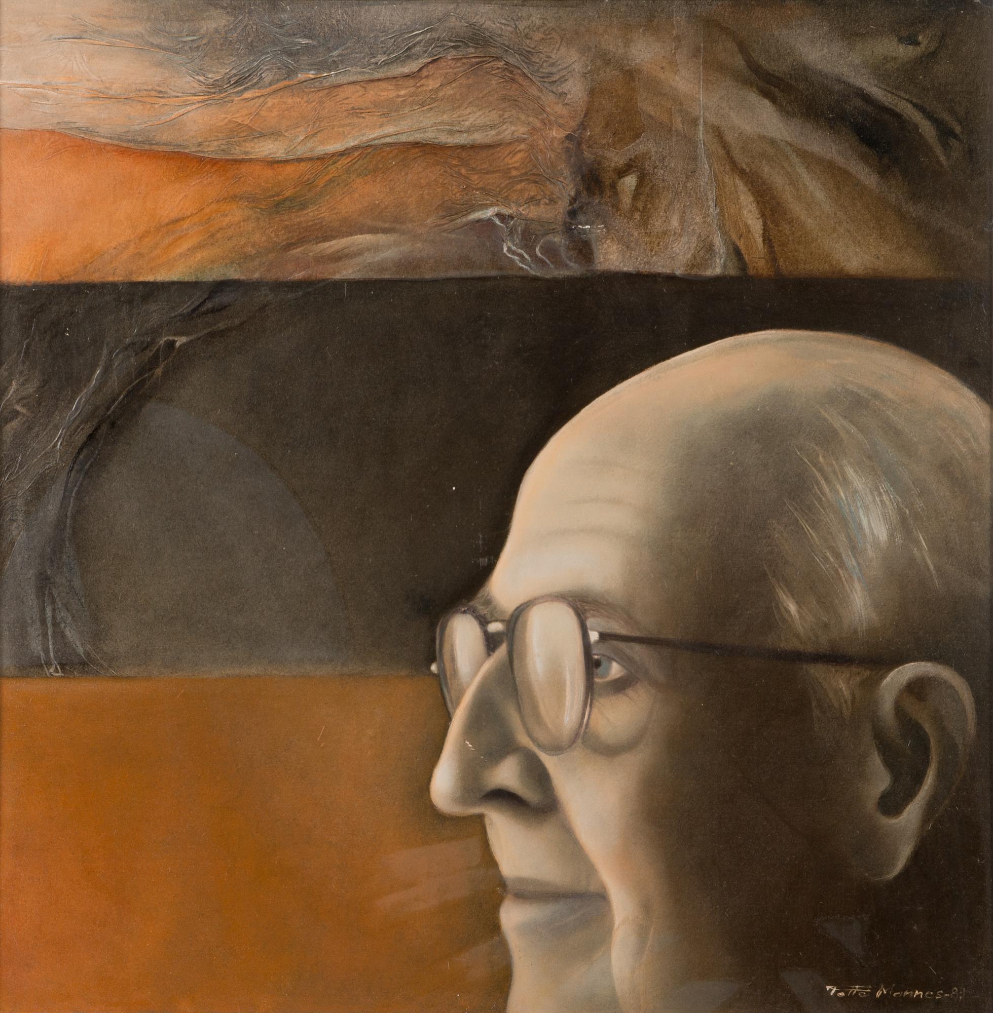 Totte Mannes, oil and collage on board, signed and dated -83.