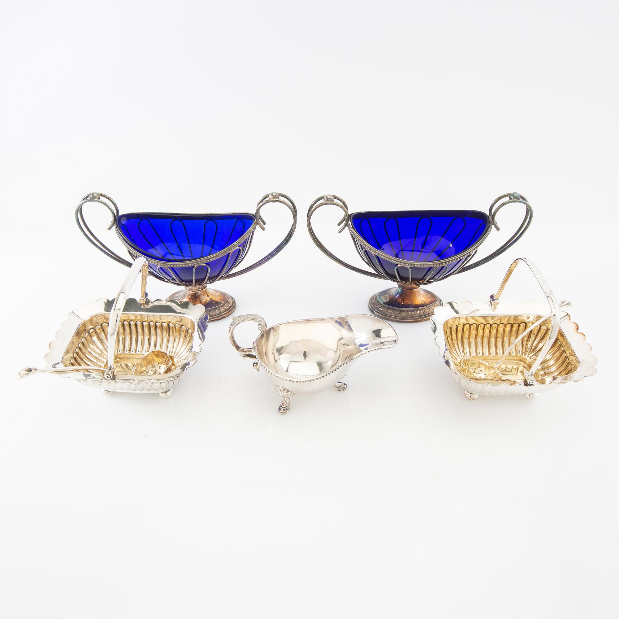 Sugar bowls 2 pairs and a cream jug, silver plate and glass, first half of the 20th century.