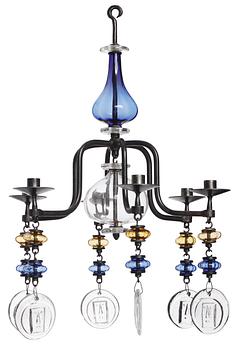 926. An Erik Höglund iron and glass chandelier for 6 candles, Boda Glasbruk & Smide, Sweden 1960's.
