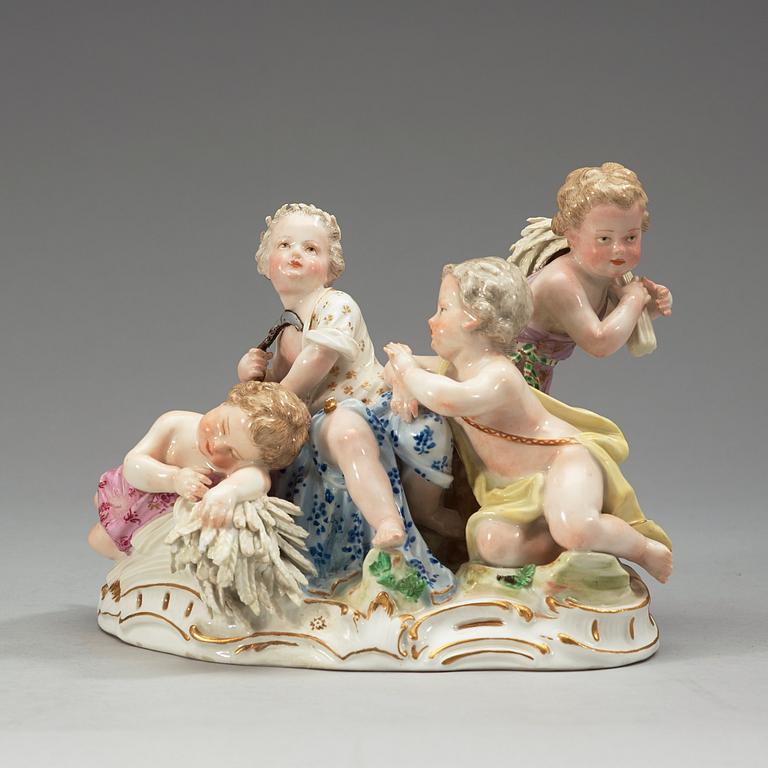 A set of four Meissen allegorical figure groups, 18th Century, three of them with the Marcolini mark (1774-1814).