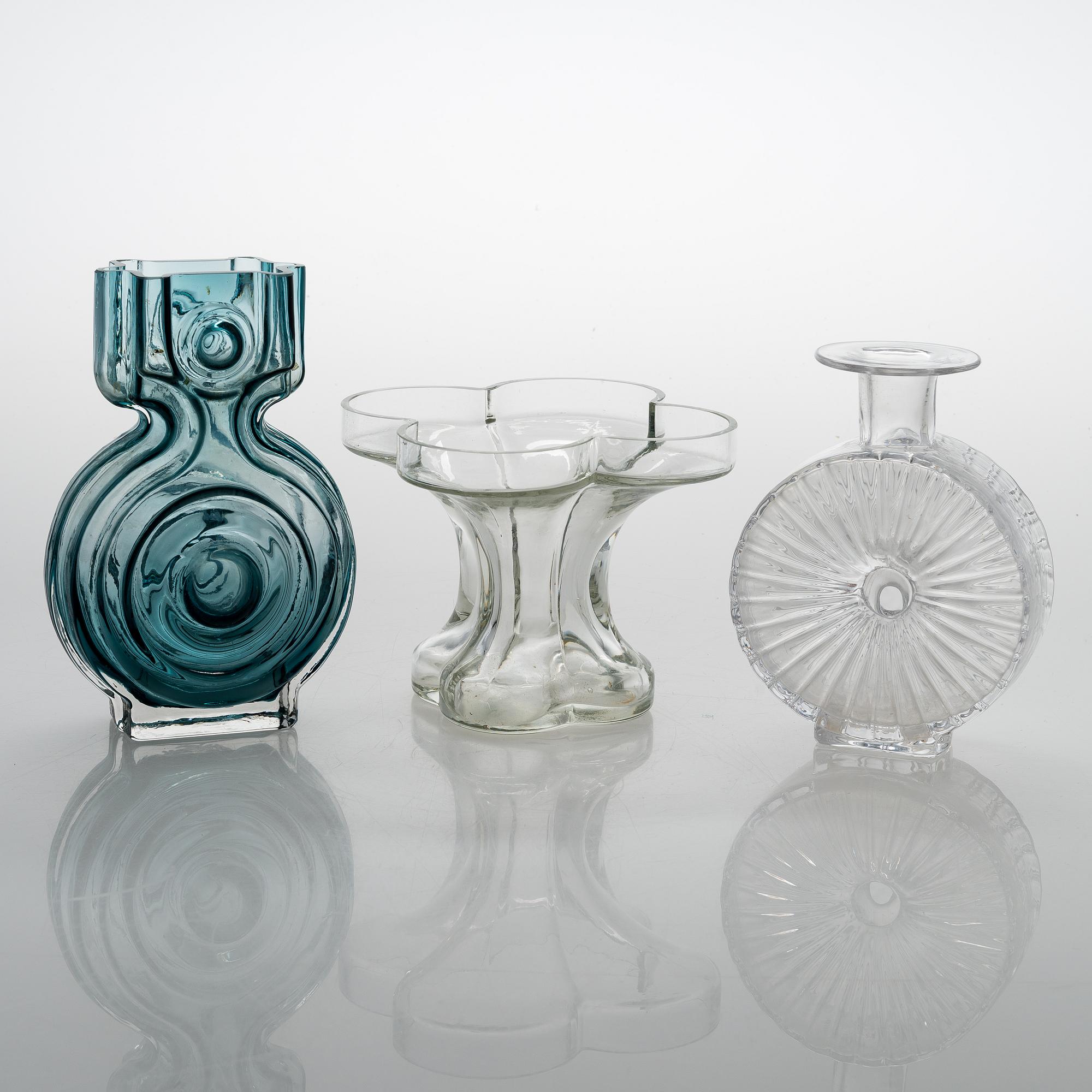 HELENA TYNELL, A glass bottle and two glass vases, Riihimäen Lasi 1960s-70s.