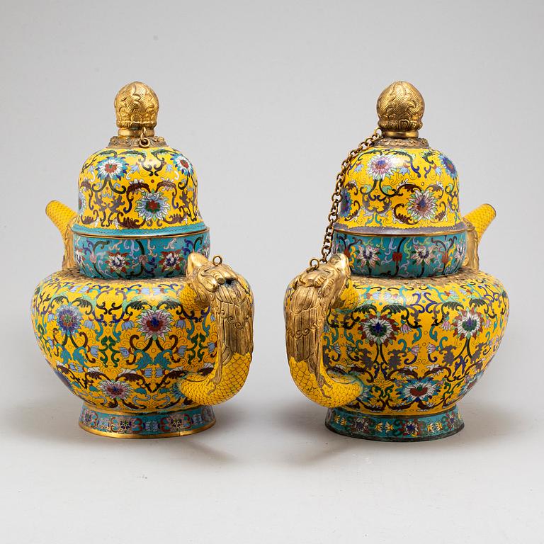 A pair of large cloisonne tea pots with covers, China, second half of the 20th Century.