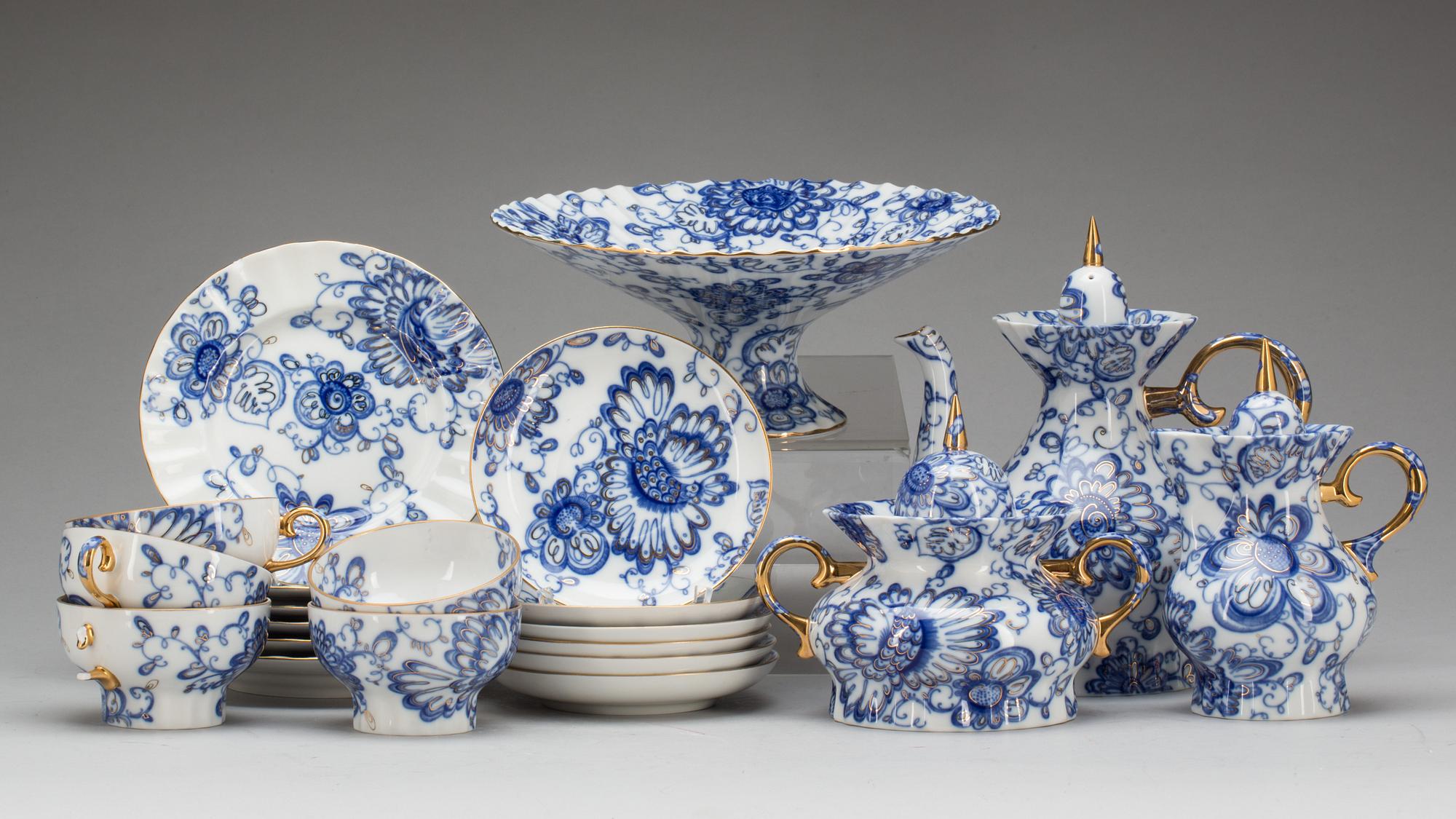 KAFFESERVIS, 14+3 delar, porslin, "Singing Birds", Lomonosov, Ryssland.