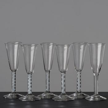 A matched set of six champagne flutes, England, 18th Century.
