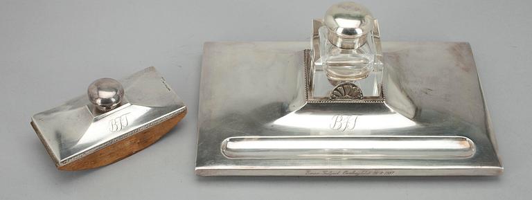 SKRIVSET, silver, glas och trä, 3 delar, Tavastehus Finland 1930-tal.