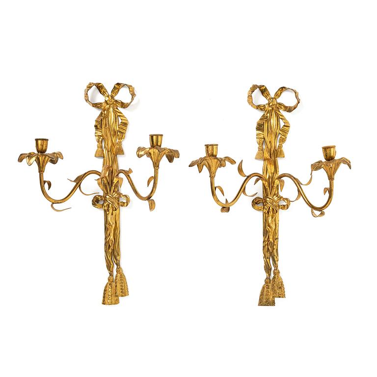 A pair of gilt bronze two-branch appliques after F. L. Rung, late 19th century,