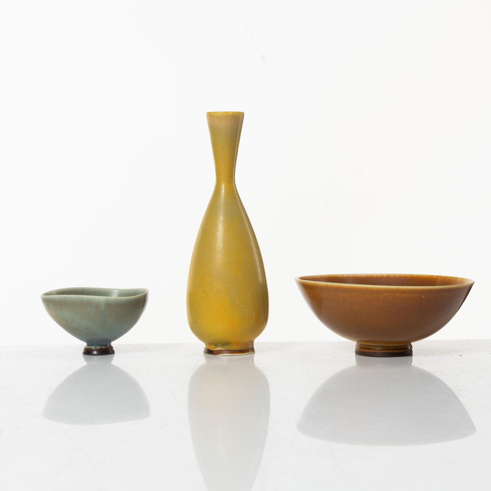 Berndt Friberg, a pair of bowls, and a vase, stoneware, Gustavsberg studio, 1954; 1972 and 1974.