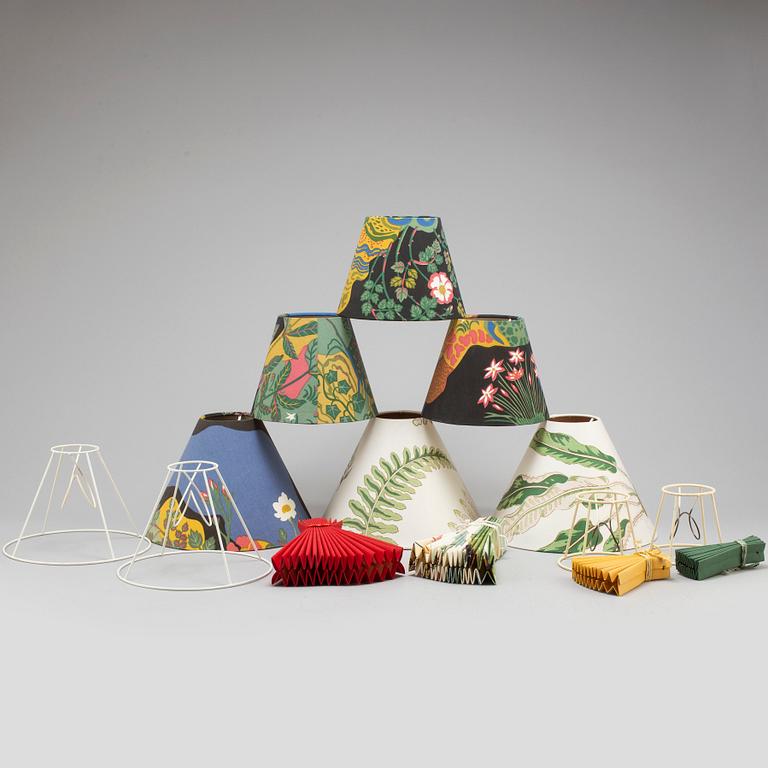 Josef Frank, FIRMA SVENSKT TENN, a set of 10 fabric lamp shades, including Josef Frank's "Anakreon".