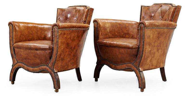 A pair of Otto Schulz brown leather armchairs, by Boet, Gothenburg 1930's.