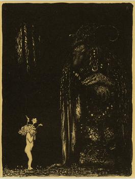 John Bauer, litografi, ur sviten: "Troll", 1915. Signerad JB i trycket.