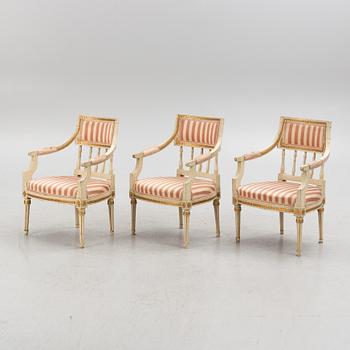 Three Swedish Gustavian Armchairs, late 18th Century.