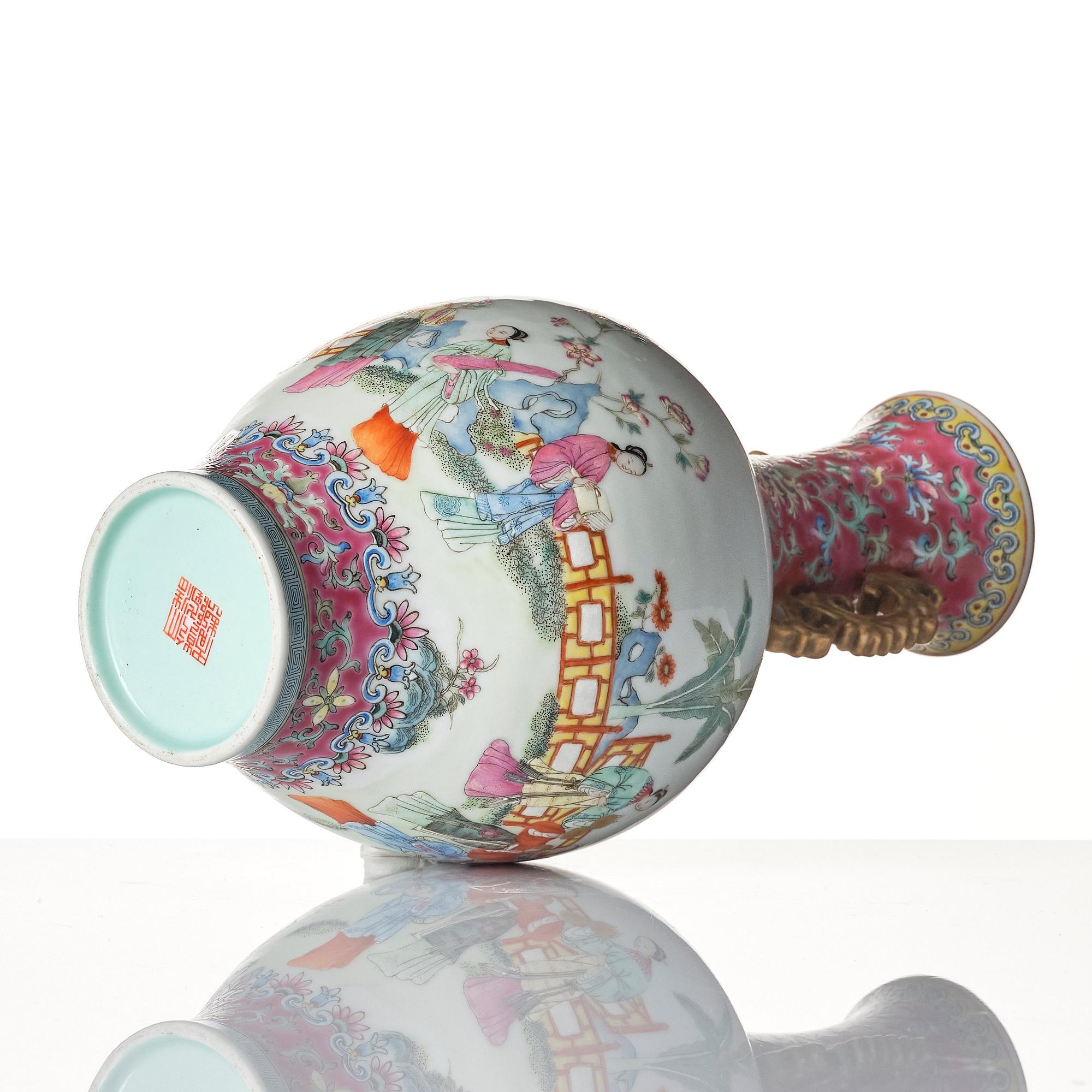 A famille rose vase, late Qing dynasty/Republic with Qianlong mark.