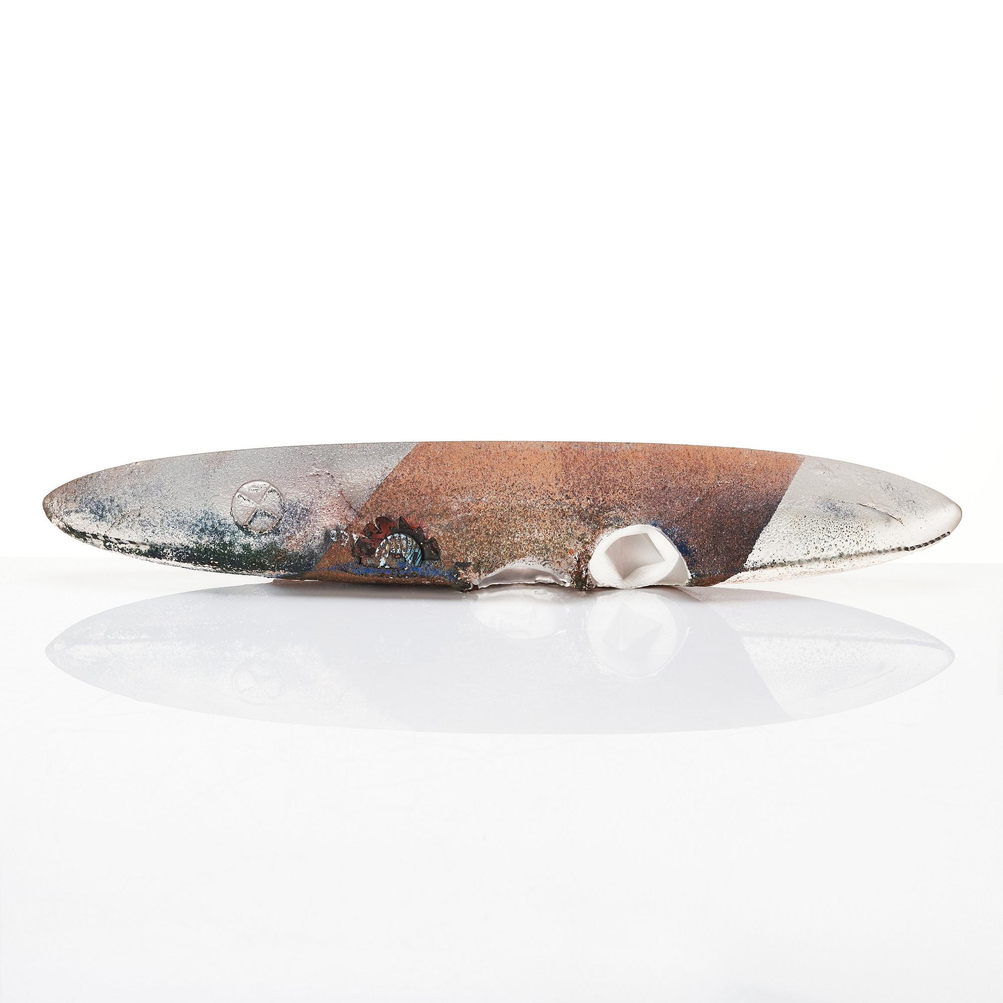 Bertil Vallien, a sand cast glass sculpture of a boat, Kosta Boda, Sweden.