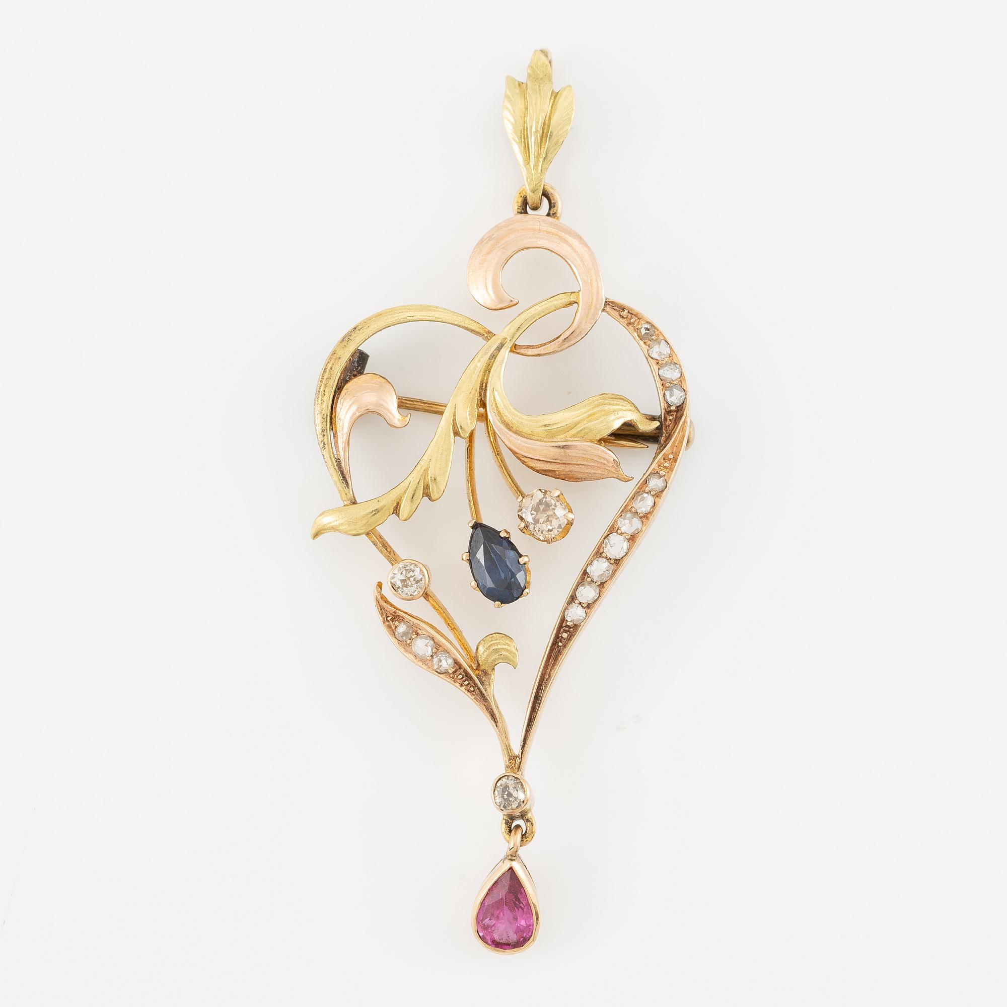 Brooch/pendant 12K two-tone gold with old mine and rose-cut diamonds, sapphire and ruby,