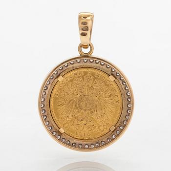 Hänge/mynt, Frans Josef I, Österrike-Ungern, 1910. 20 Corona, ca 21K (.900) och 18K guld samt diamanter.