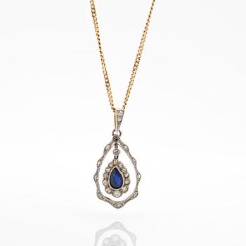 Necklace, 18K gold chain and pendant with brilliant-cut diamonds and synthetic sapphire.