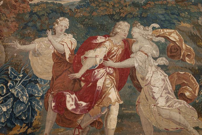 A tapestry, "Blind-man's-buff" tapestry weave, ca 349 x 333 cm, France, around 1700-first half of the 18th century.
