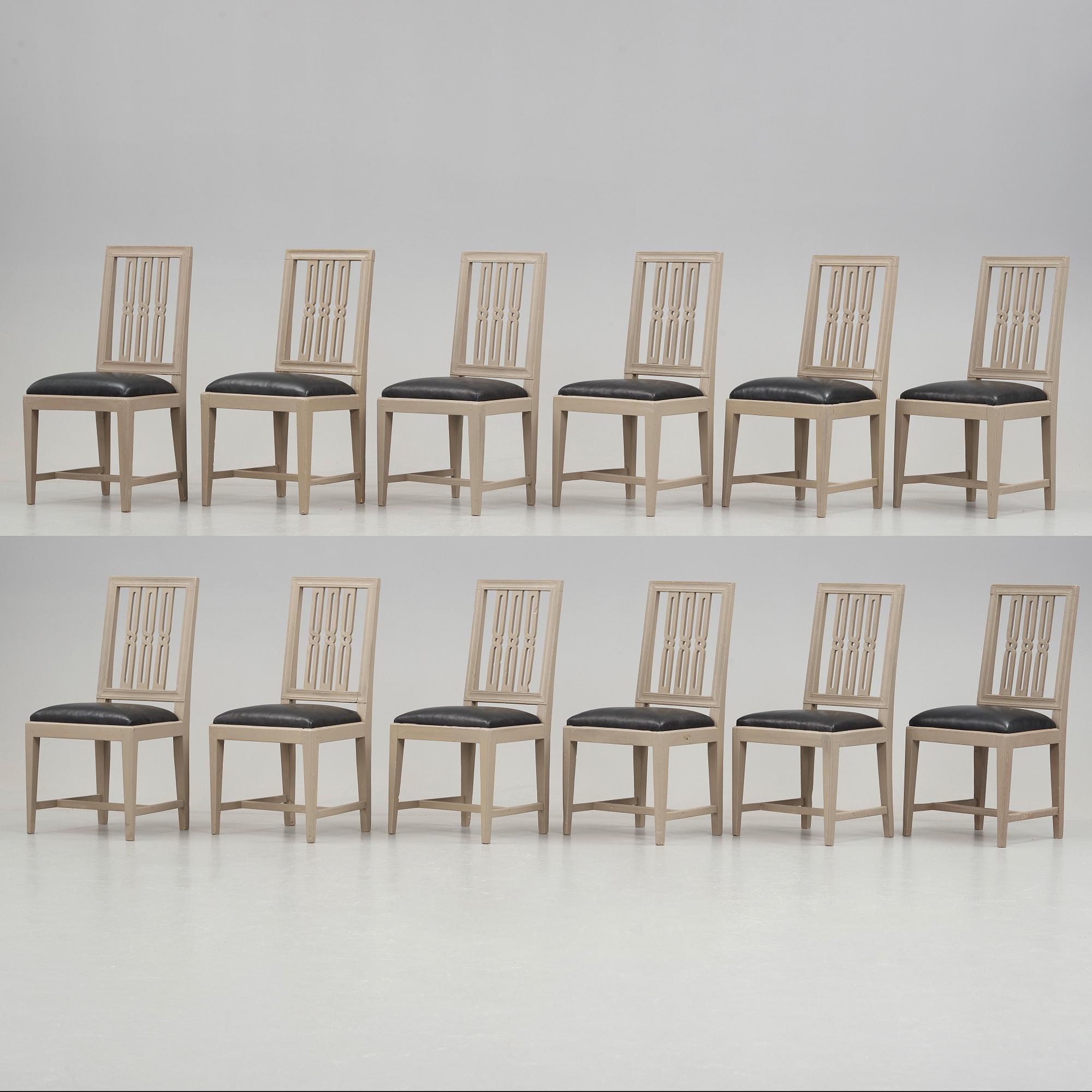 Twelve late Gustavian late 18th century chairs.