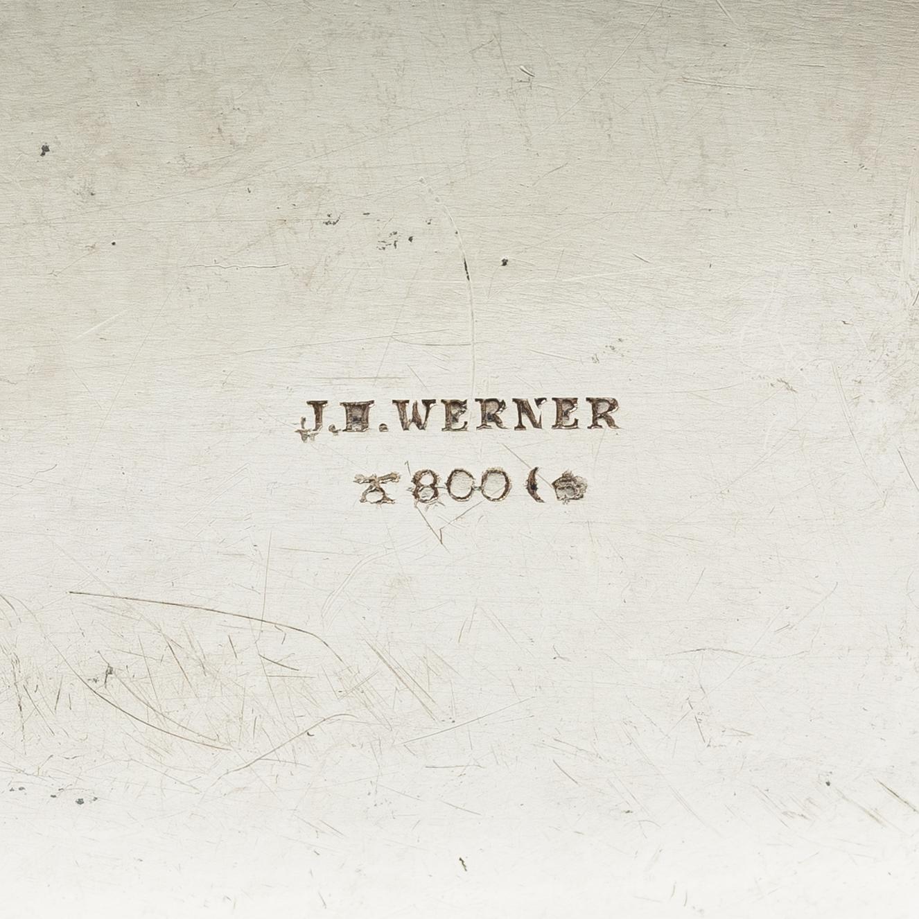 J.H Werner, sauce boat on tray, silver, Rococo style, Germany early 20th century.