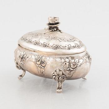 Sugar box, silver 830, Swedish import mark, and sugar tongs, sterling silver, Georg Jensen, Denmark.