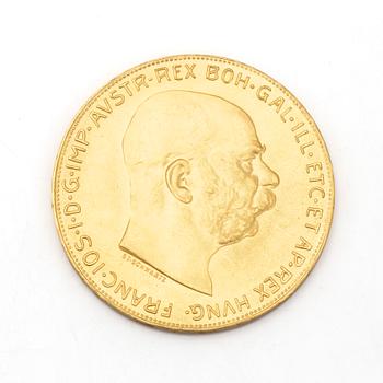 GULDMYNT, 21,6 K, 100 Corona, Kejsarriket Österrike-Ungern, 1915. Vikt ca 34 gram.